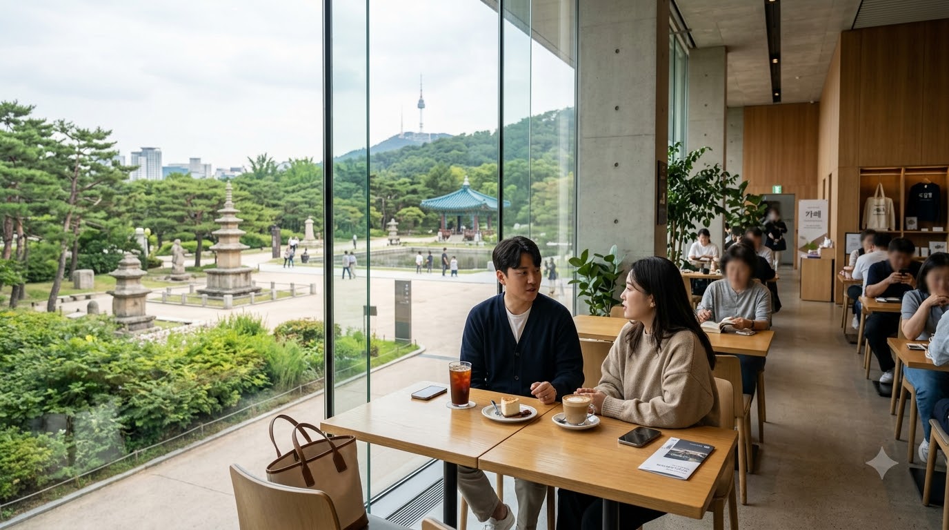 전시 관람 후 남산타워와 정원을 바라보며 휴식하는 박물관 카페