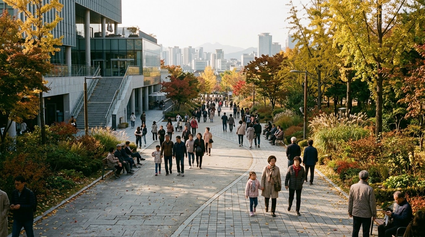 서울 도심의 가을 정원을 걷는 방문객 · AI 제작 이미지 · 실제 촬영 사진 아님