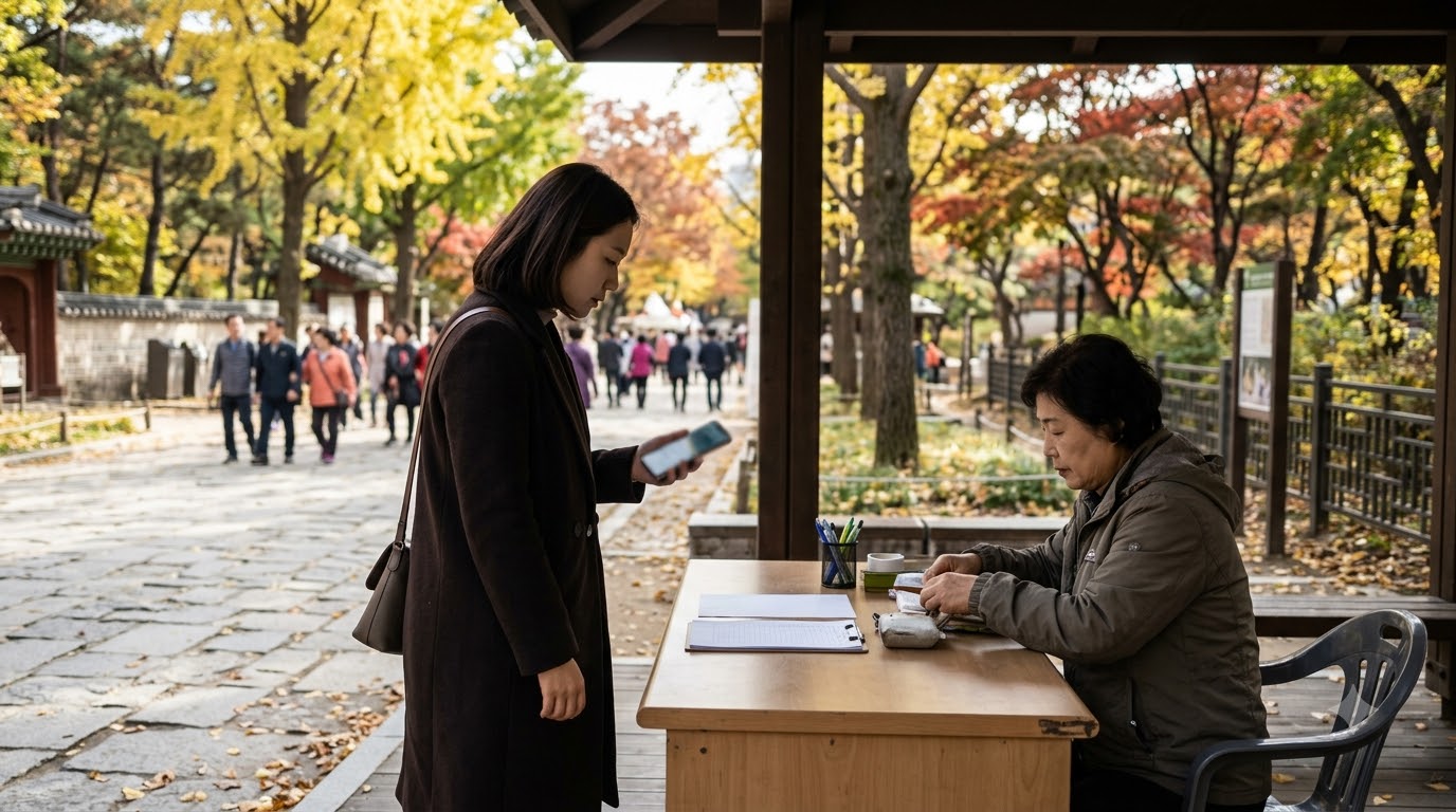 야외 행사 방문 전 안내를 확인하는 모습 · AI 제작 이미지 · 실제 촬영 사진 아님