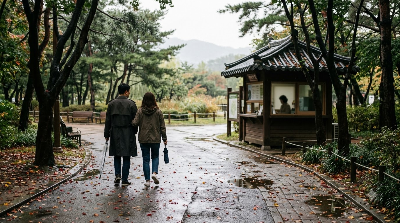 비가 그친 뒤 야외 행사장으로 이동하는 방문객 · AI 제작 이미지 · 실제 촬영 사진 아님