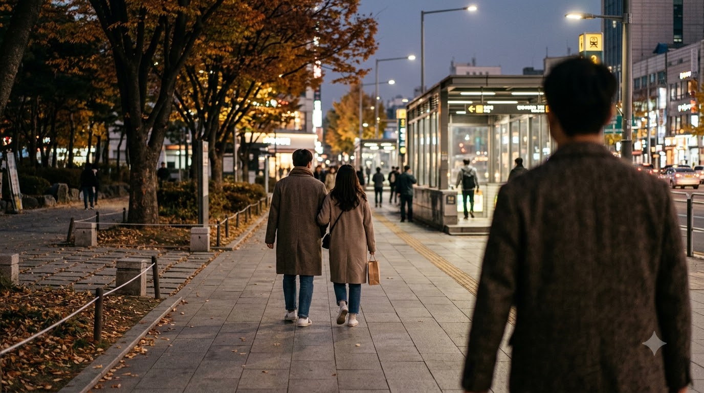 가을 저녁 공원 옆 도시 보행로를 걷는 사람들