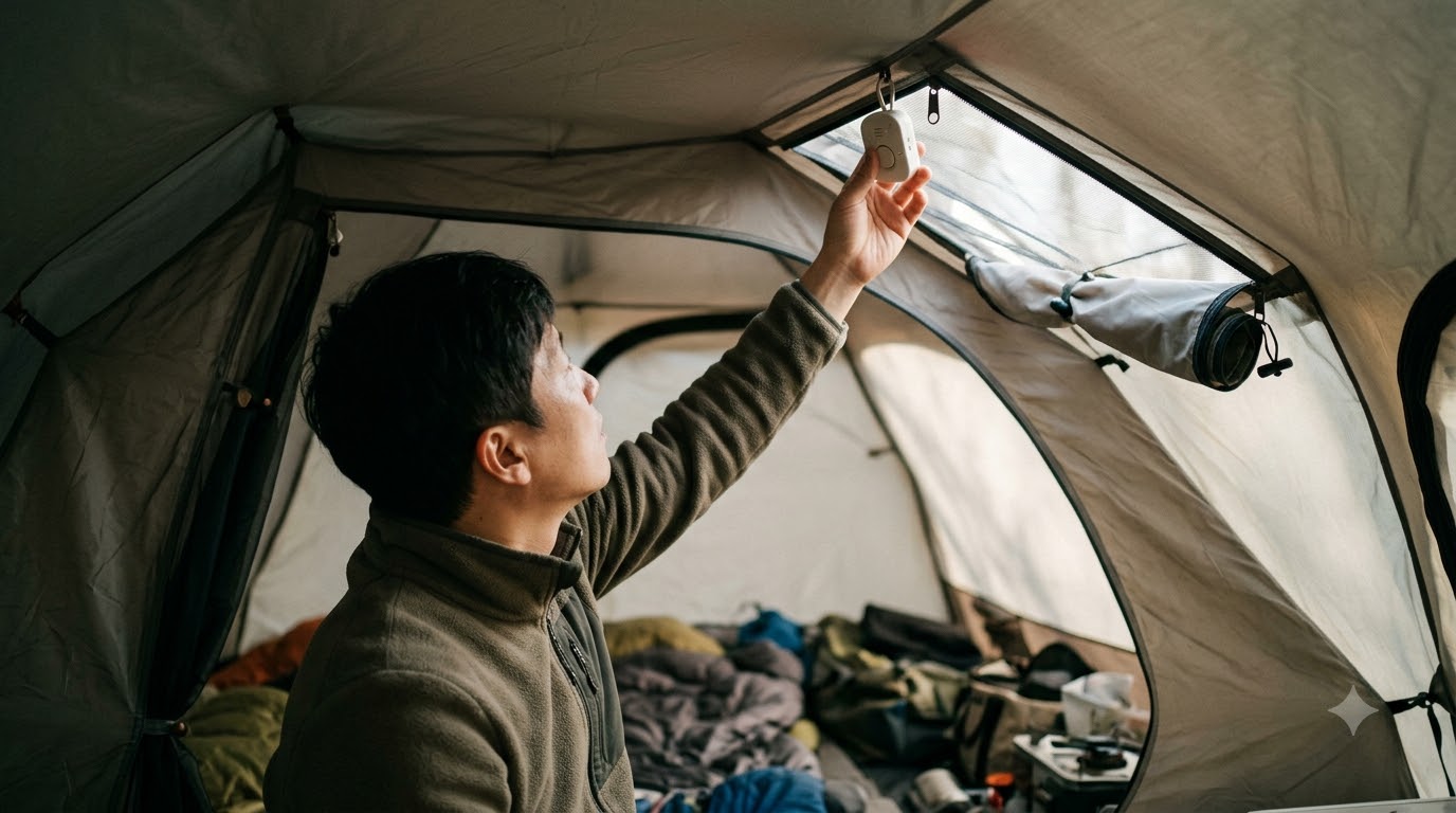 텐트 안 경보기와 환기구를 살펴보는 모습