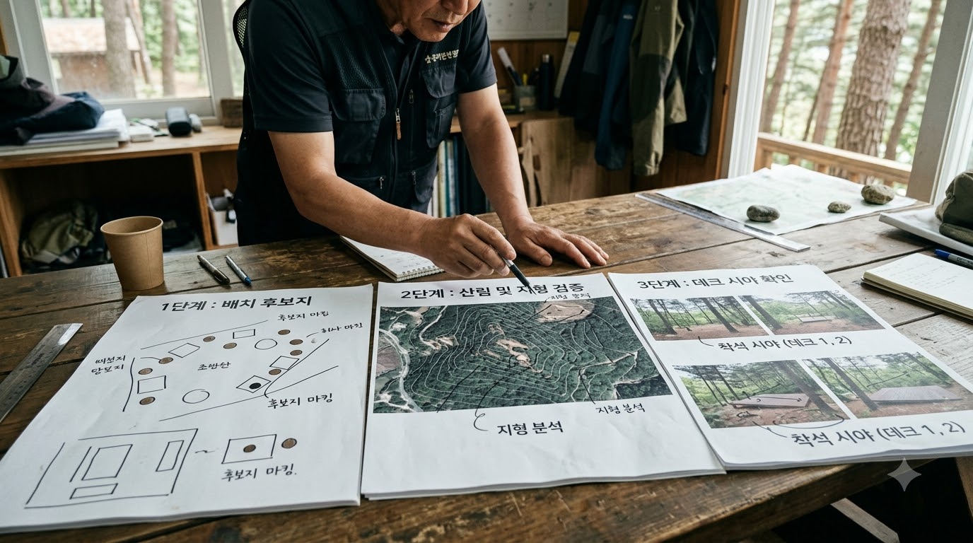배치도에서 후보를 고른 뒤 위성뷰와 데크 번호별 사진으로 시야를 대조하세요.